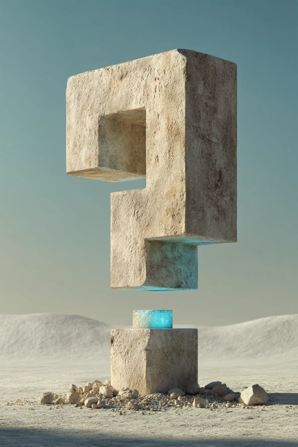 Symbolisches monumentales Fragezeichen aus Stein in karger Landschaft – visuelle Metapher für die häufigsten Fragen zu Wissensmanagement und SaPeReS