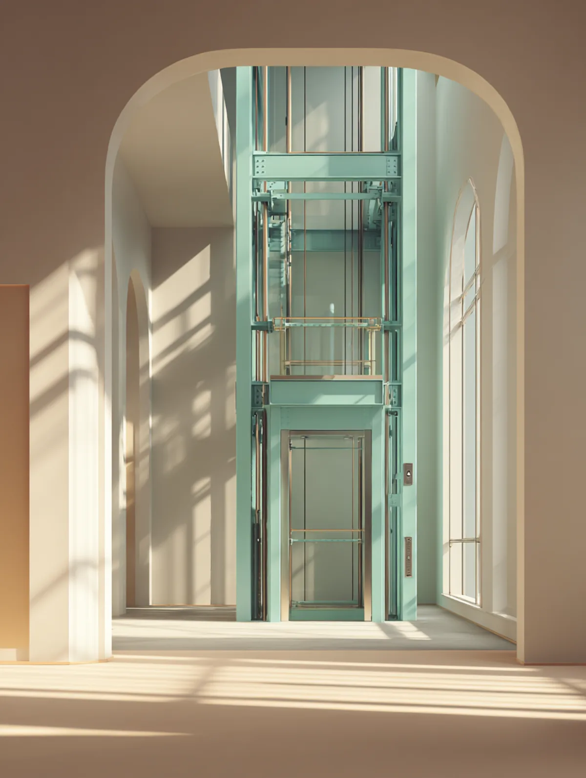 Lichtdurchfluteter Glasaufzug in heller Architektur – visuelle Metapher für staatliche Fördermittel als Aufzug für die Wissenstransformation im Mittelstand