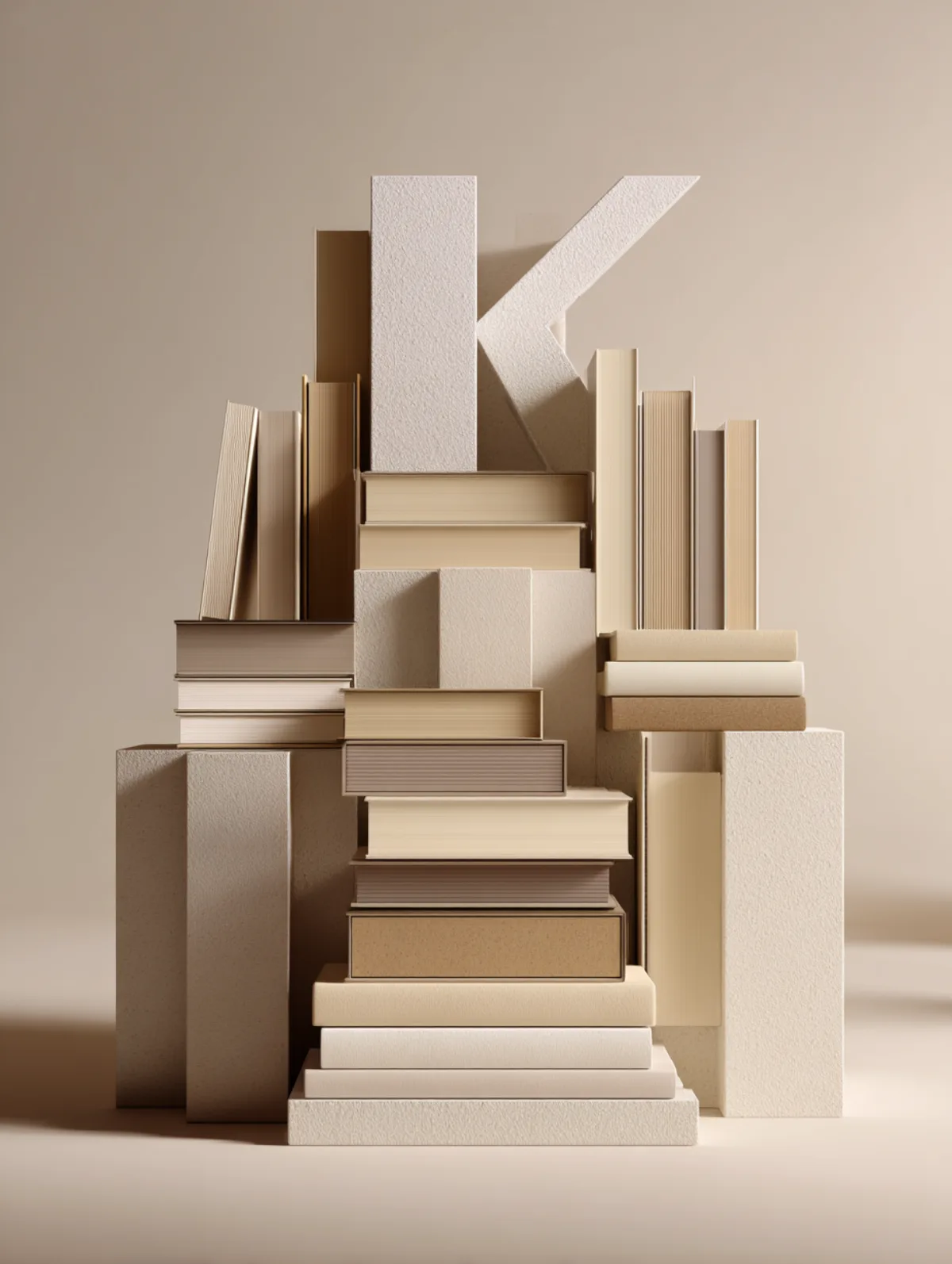 Komposition aus Buchstaben- und Block-Skulpturen mit großem K – visuelle Metapher für strukturiert aufgebautes Wissen durch KI-gestütztes Wissensmanagement