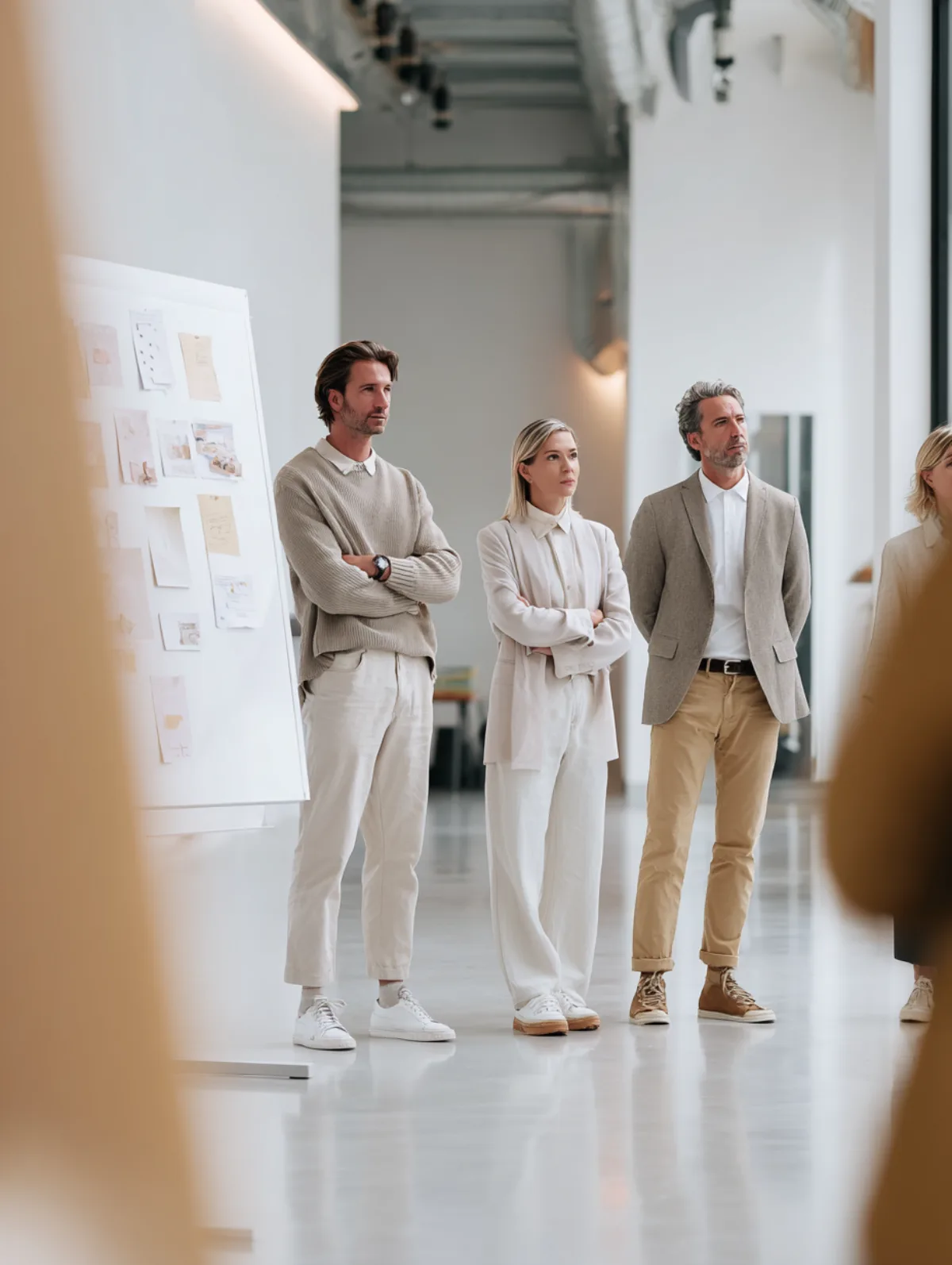 Beraterteam in heller Architektur vor einer Wand mit Analyse-Notizen – Workshop-Situation zur Bestimmung des Wissens-Reifegrads im Unternehmen