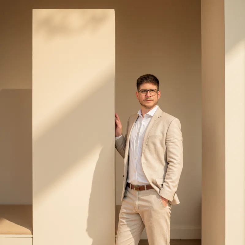 Marc Fritze, Change & Organisationspsychologie bei SaPeReS, am monumentalen Buchstaben I – Teil der KI-TEAM-Bildserie von Sanne Jerxsen