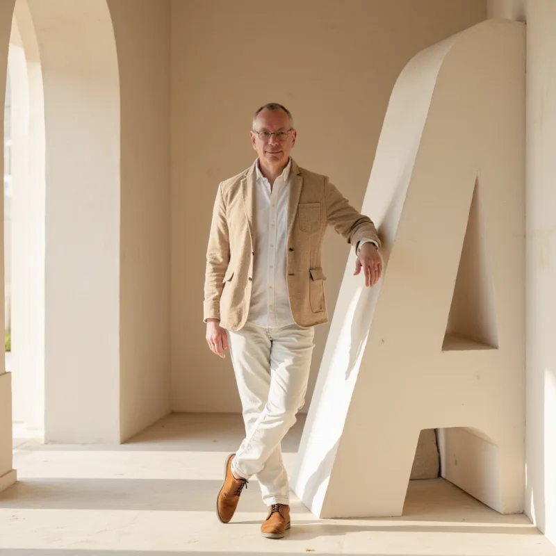 Stefan Weimar, KI-Engineering & Technologie bei SaPeReS, geht durch den monumentalen Buchstaben A – Teil der KI-TEAM-Bildserie von Sanne Jerxsen