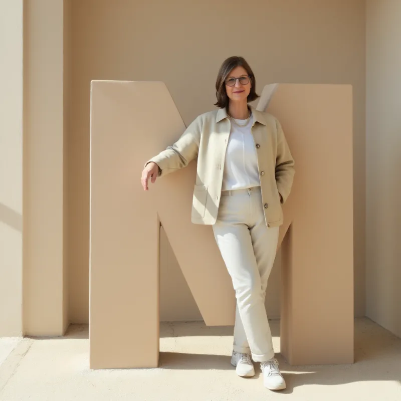 Ute Leopold, Führung & Organisationsentwicklung bei SaPeReS, am monumentalen Buchstaben M – Teil der KI-TEAM-Bildserie von Sanne Jerxsen